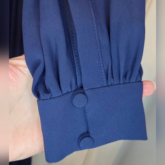 Mikael Aghal Navy Accordion Pleat Tie-Neck Midi Dress Elegant Work Event - Picture 5 of 8